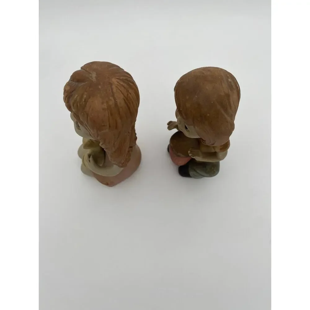 Vintage 1970s Ceramic Boy & Girl Figurine Cat Drum Set of 2
